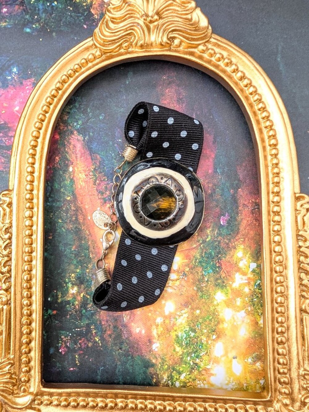 Vintage Black & White Polka Dot Ribbon Bracelet with Enamel Center